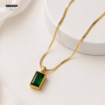 Green Emerald Pendant - 24K Gold Tone Chain