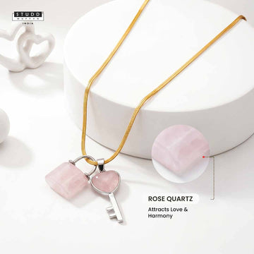 Rose Quartz Lock & Key Crystal Pendant - With Velore Snake Chain