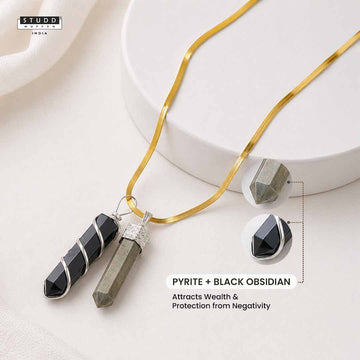 Pyrite and Obsidian Crystal Pencil Pendant - With Velore Snake Chain