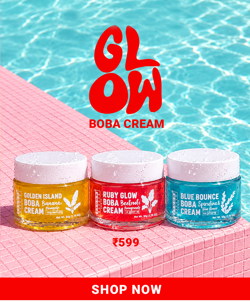 Glow Boba Cream — Golden Island, Ruby Glow and Blue Bounce boba creams, ₹599. Shop now.