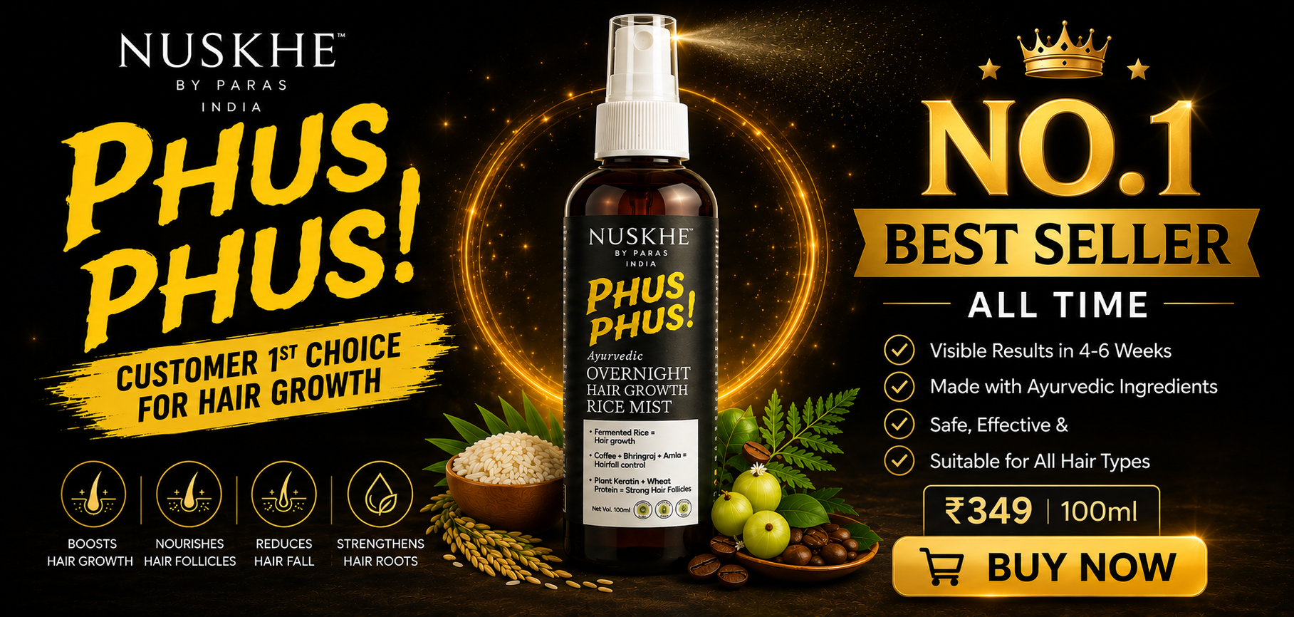 Phus Phus! Ayurvedic overnight hair growth rice mist - No.1 best seller, customer 1st choice for hair growth, ₹349 for 100ml