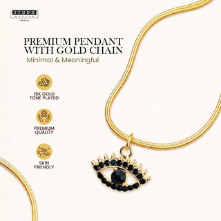 Black Evil Eye Pendant - 24K Gold Plated [ With Velore Snake Chain]