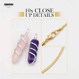 Amethyst and Rose Quartz Crystal Pencil Pendant with 18K Gold-tone Plated Chain