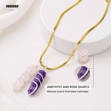 Amethyst and Rose Quartz Crystal Pencil Pendant with Velore Snake Chain
