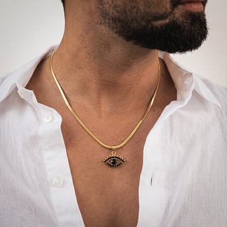 Black Evil Eye Pendant - 24K Gold Plated [ With Velore Snake Chain]