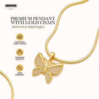 Brave Wings Butterfly Pendant - 24K Gold Plated [ With Velore Snake Chain]
