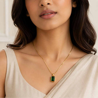 Green Emerald Pendant - 24K Gold Tone Chain