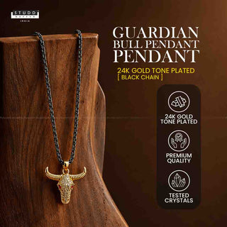 Guardian Bull Pendant - 24k Gold Tone Plated [ Black Chain ]