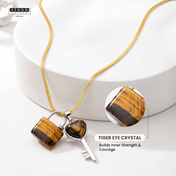 Tiger Eye Lock & Key Crystal Pendant - With Velore Snake Chain
