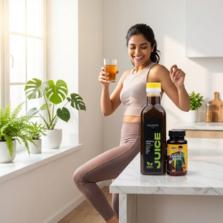 Woman using the Arogya Lean Juice and Charbi Gone combo