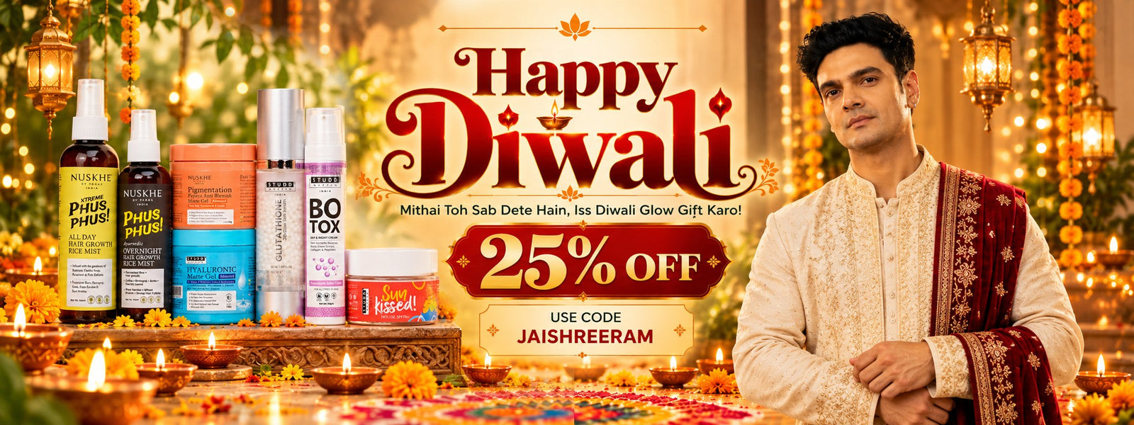 Happy Diwali from Nuskhe By Paras. Mithai toh sab dete hain, iss Diwali glow gift karo. 25% off with code JAISHREERAM.